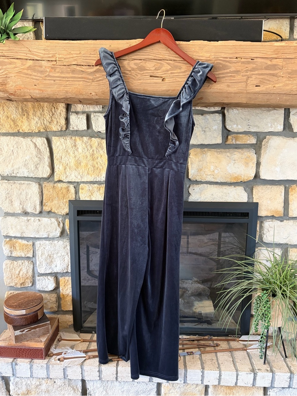 Ruffled Strap Velvet Jumpsuit - slate blue - Large
